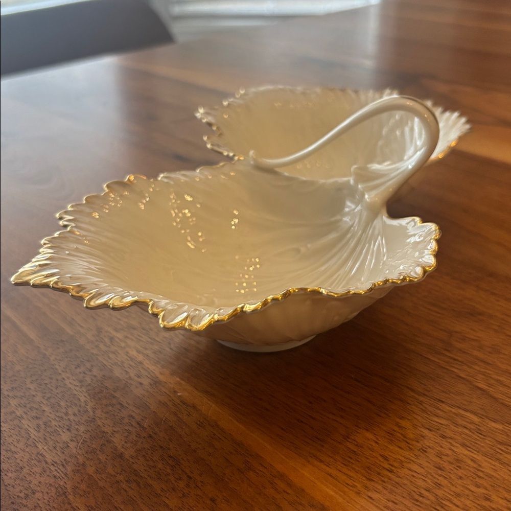 Lenox Double Leaf Leaves Cream Gold Candy Trinket Catch All Dish Made in USA - Picture 3 of 9